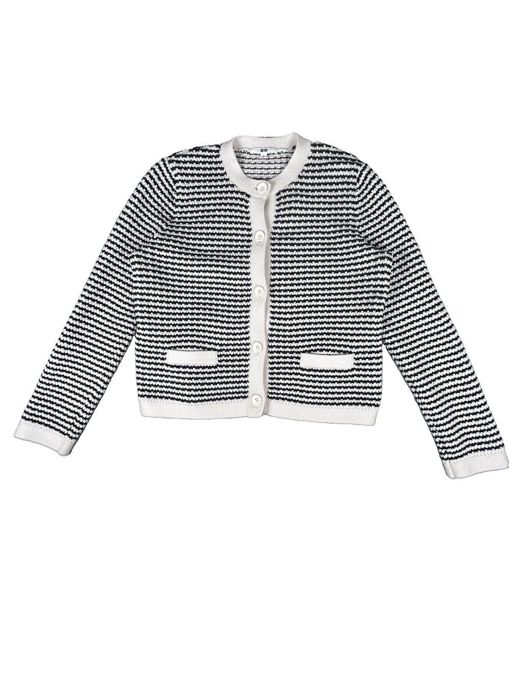 Uniqlo Cardigan Knitted Short Jacket Striped Black On Ecru Button Womens Sz M